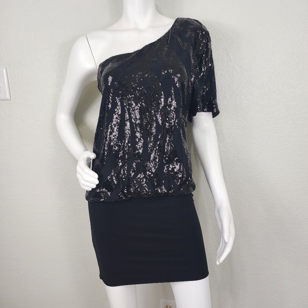 Fredericks of Hollywood Black Sequin Bodice One Sleeve Dress Size M
